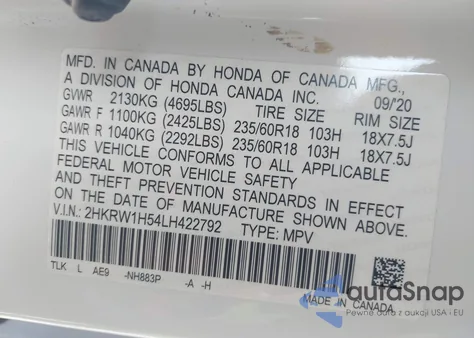 2020 Honda Cr-V 2Wd Ex из США, поврежденный, VIN 2HKRW1H54LH422792